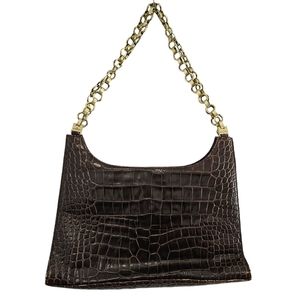 Anne Klein Crocodile Embossed  Gold Chain Handles Brown Handbag